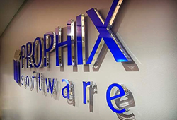 Float mounted clear acrylic sign letters with blue overlay